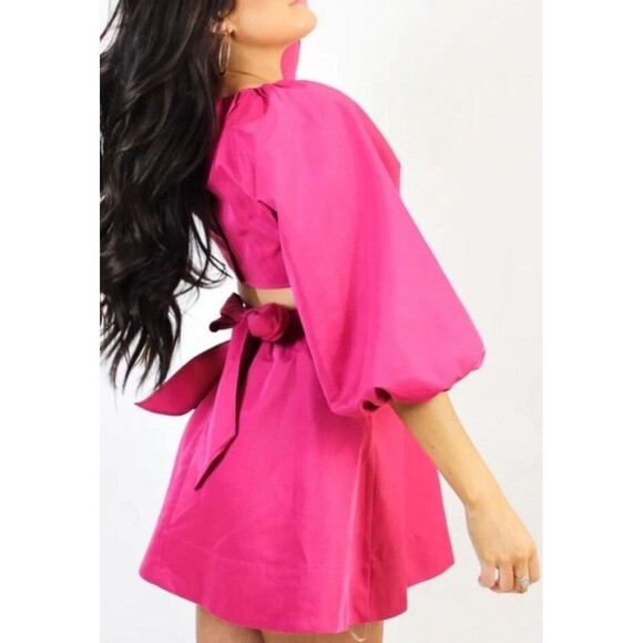 DO+ BE Magenta Open Back‎ Puff Sleeve Fit Flare Mini Dress Women’s Size Small - Picture 2 of 16